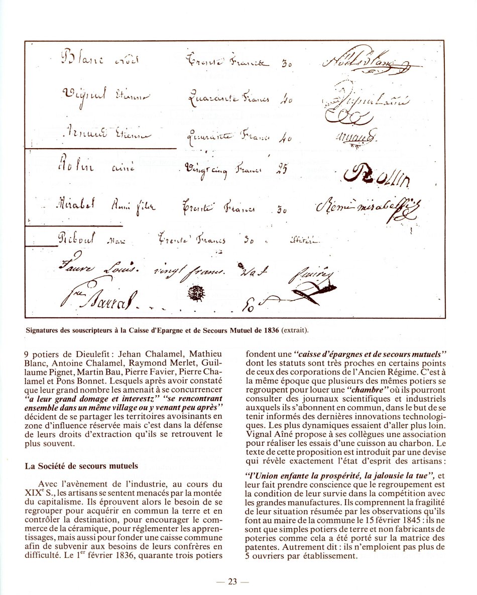 signatures des souscripteurs à la Caisse d'Epargne et 
 de Secours Mutuel de 1836 à l'initiative d'Etienne VIGNAL